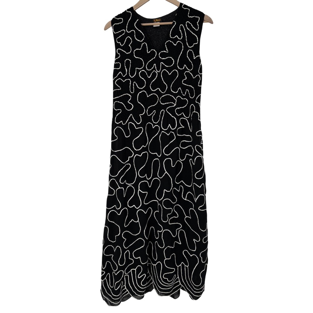 UbU Womens Abstract Crinkle Popcorn Maxi Dress M Black Sleeveless indie‎ Art